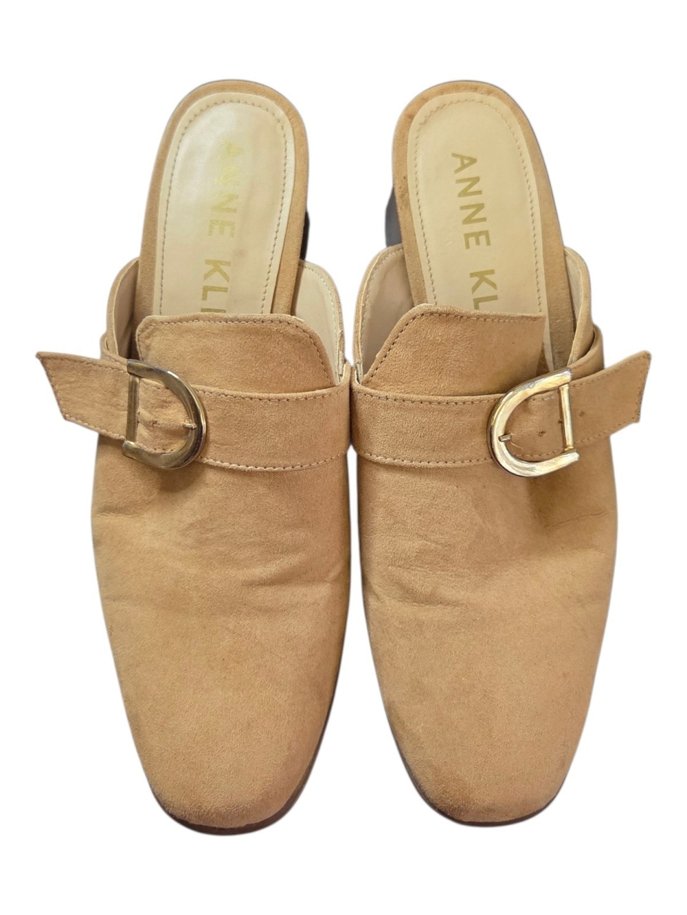 Anne Klein Beige Suede Slip-On Mule with Gold Buckles Size 9.5